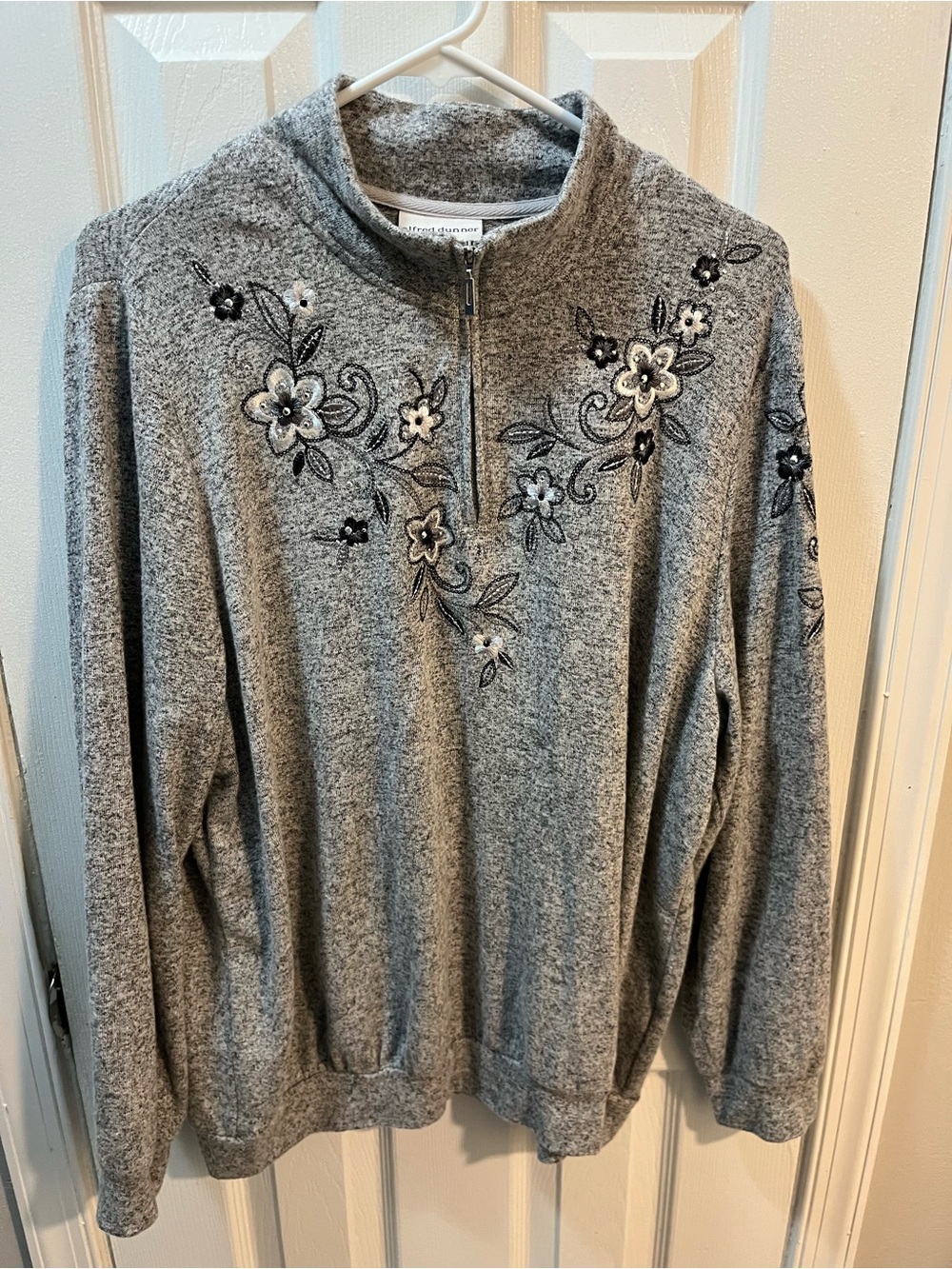 Alfred Dunner Gray Embroidered Embellished Quarter-Zip Turtleneck Sweater 1X